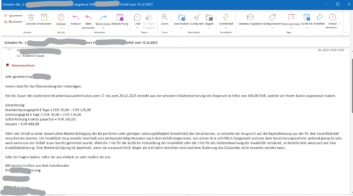 Unfallversicherung zahlt Krankenhaustagegeld